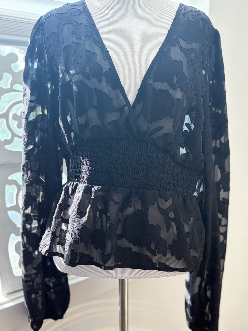 Sincerely Jules Black Sheer Smocked Peplum V-Neck Blouse